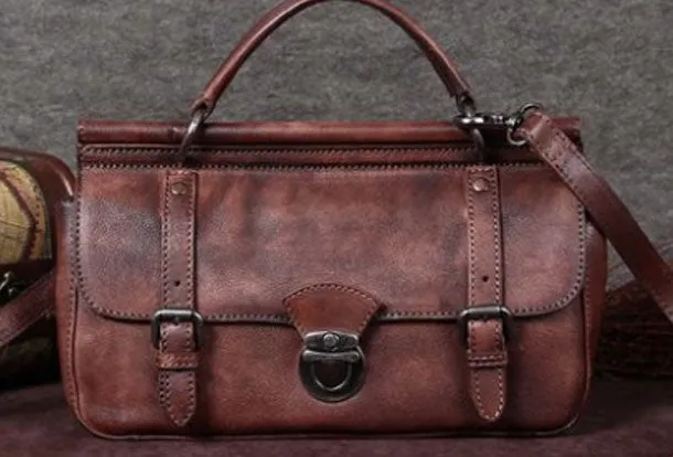 Genuine Leather Handbag Vintage Satchel Crossbody Bag Cube Shoulder Bag Purse For Women