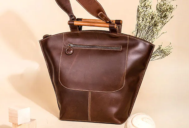 Genuine Leather Handbag Wooden Handmade Bag Shoulder Bag Purse For Women
