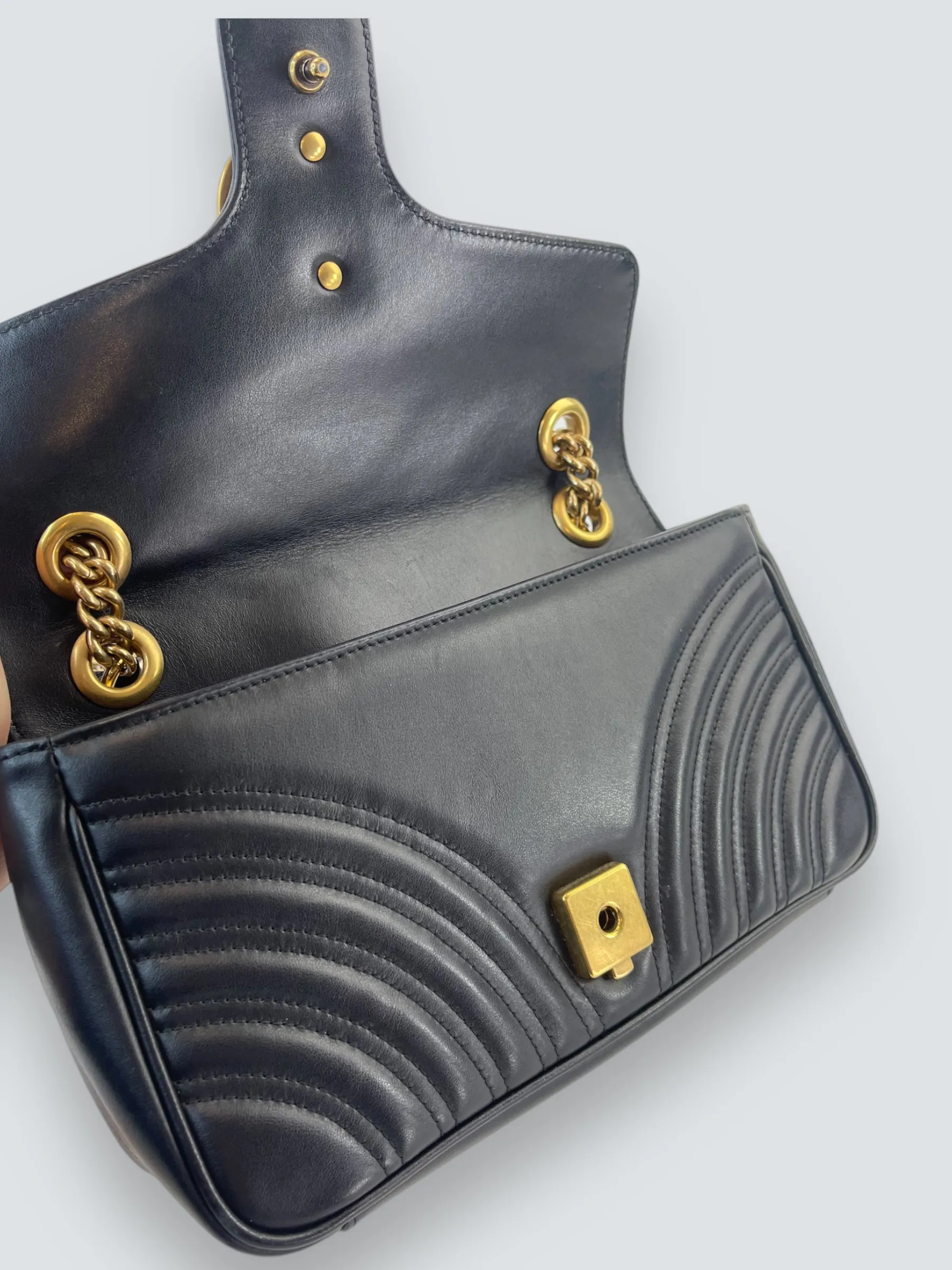 Gucci Black Matellese Leather GG Marmont Crossbody