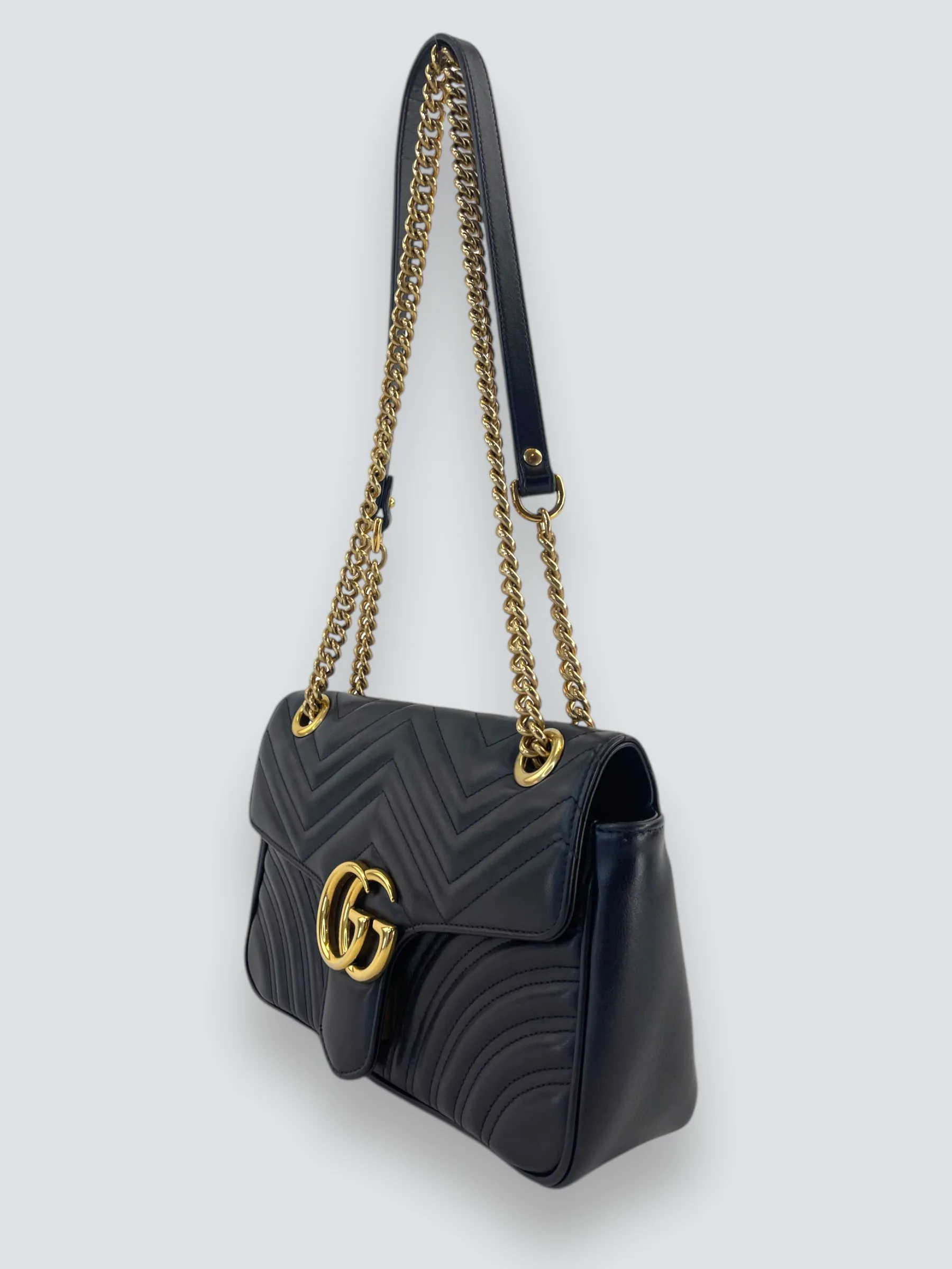 Gucci Black Matellese Leather GG Marmont Crossbody