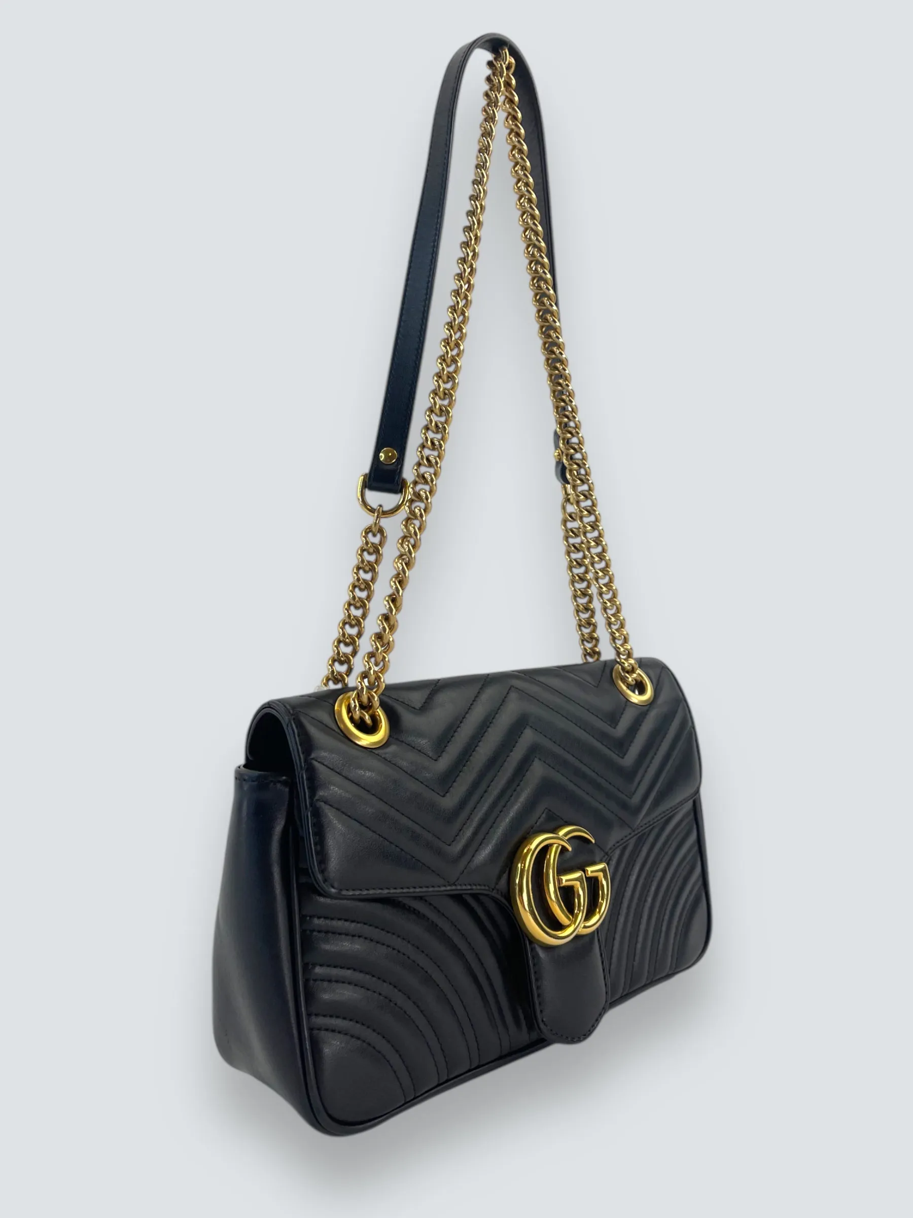 Gucci Black Matellese Leather GG Marmont Crossbody