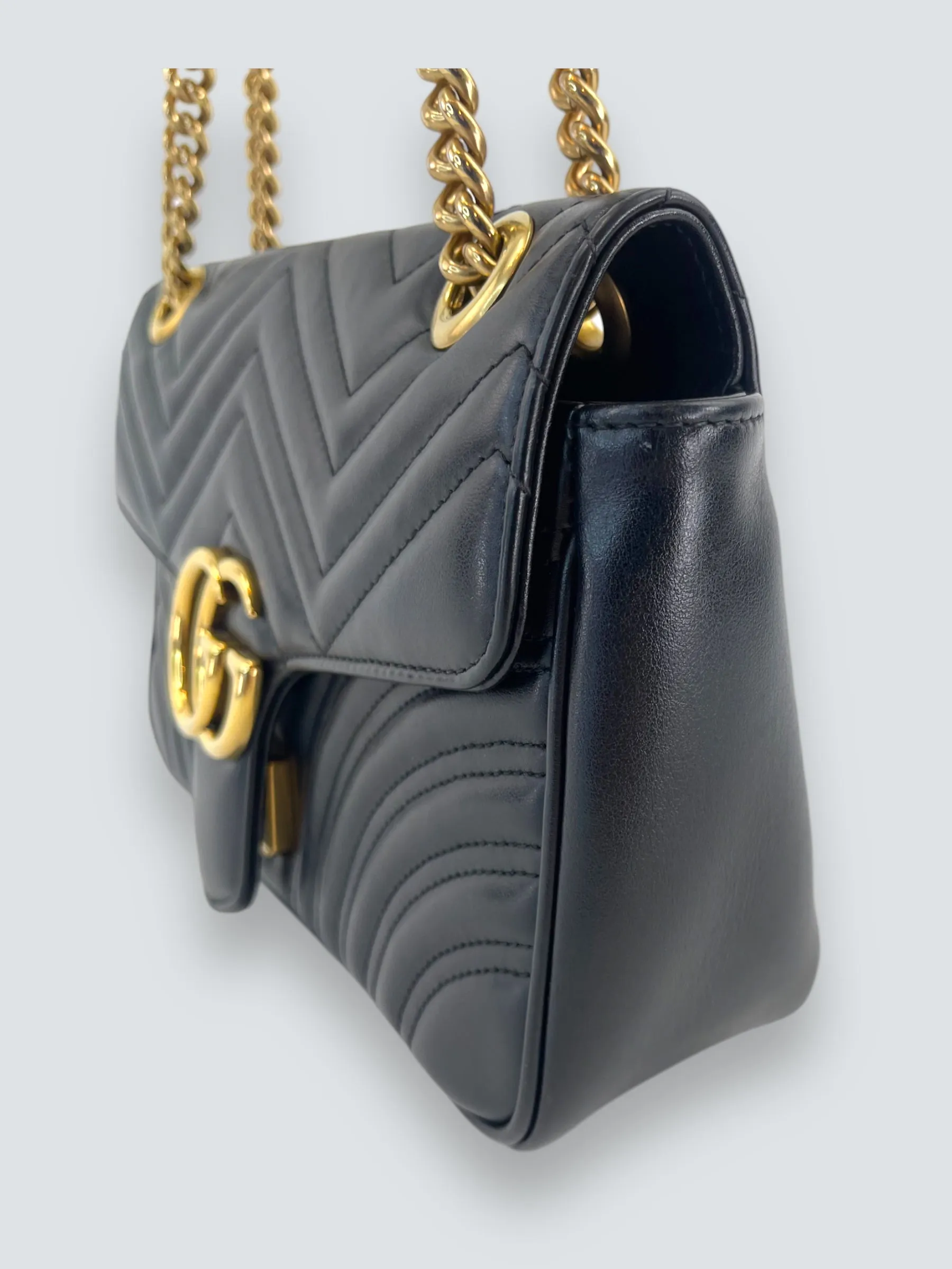 Gucci Black Matellese Leather GG Marmont Crossbody