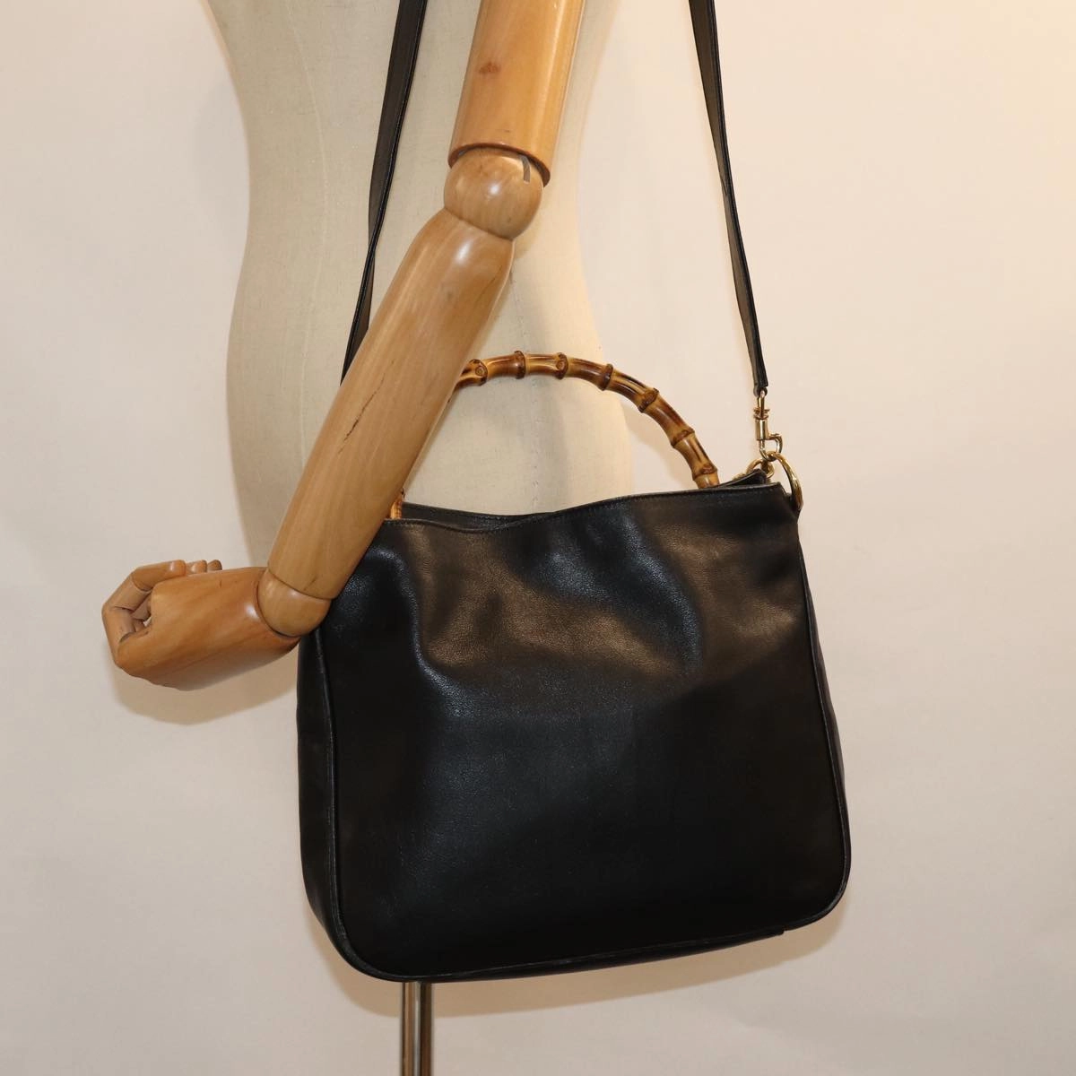 GUCCI Bamboo Shoulder Bag Leather 2way Black 001 1705 1638  th5024