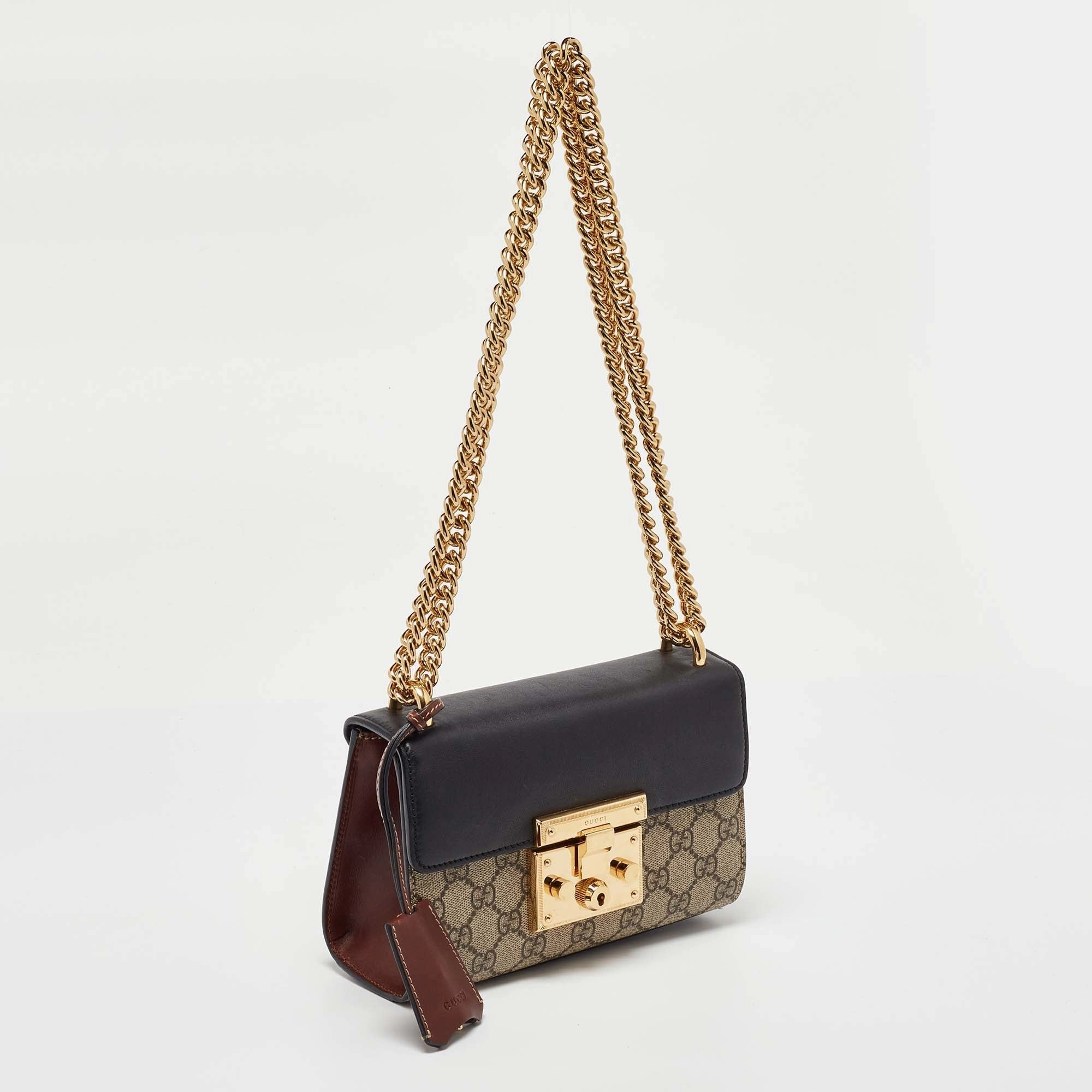 Gucci Beige/black Gg Supreme Canvas And Leather Padlock Small Shoulder Bag