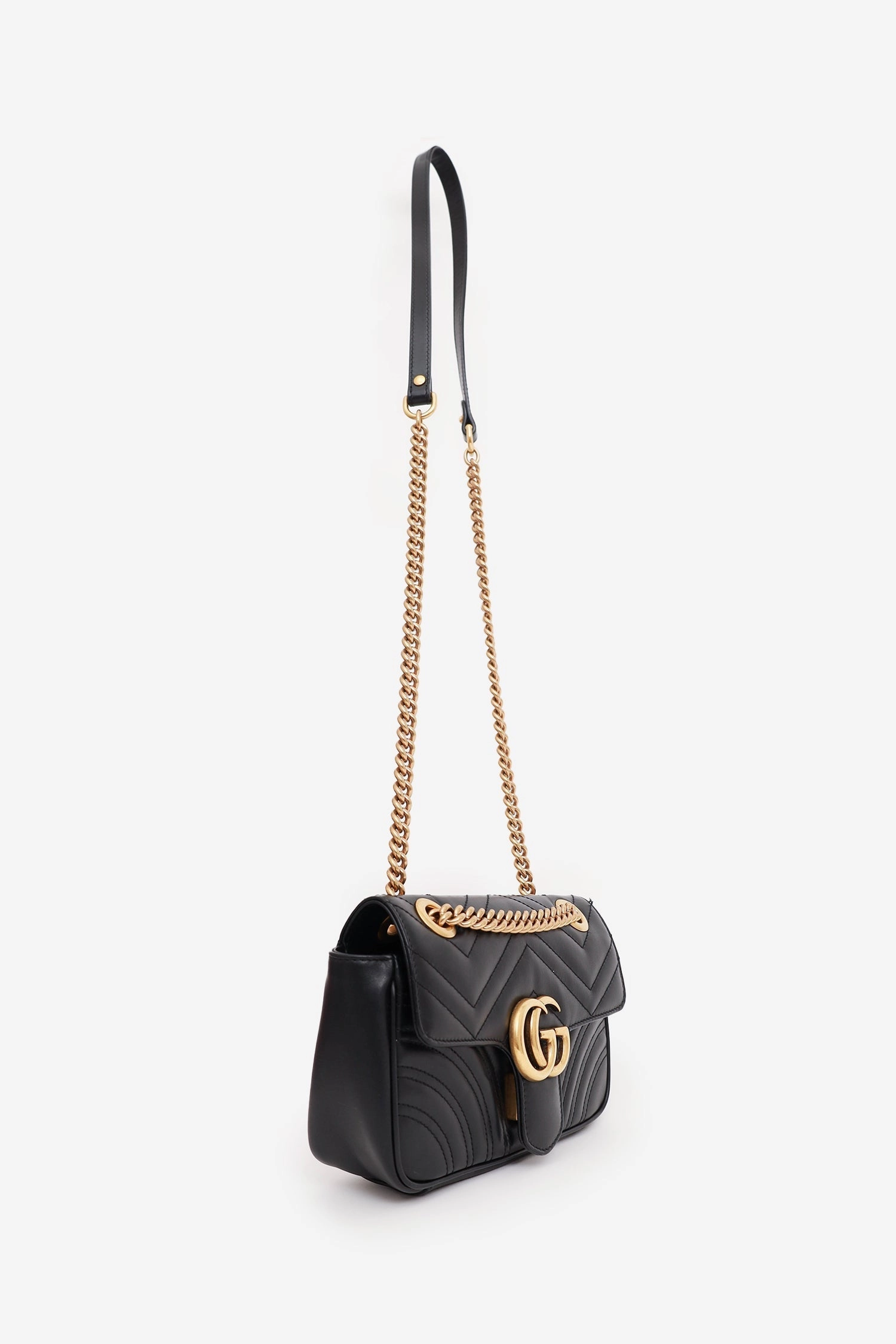Gucci Black Leather Mini GG Marmont Shoulder Bag with 'CN' Initial