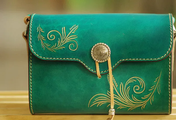 Handcraft retro crossbody leather floral hand dyed shoulder bag /handbag for women