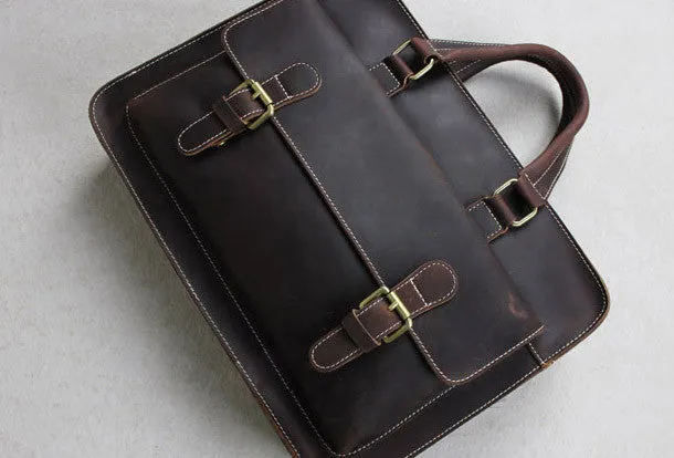 Handmade leather men Briefcase messenger dark coffee shoulder bag vintage bag