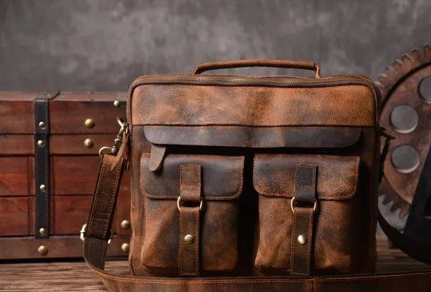 Handmade leather men Vintage Messenger bag Briefcase Cool Shoulder bag for Men