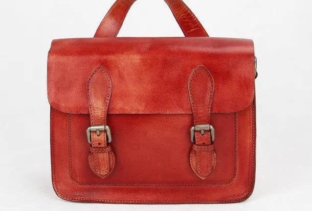 Handmade red vintage leather Satchel Bag crossbody Shoulder Bag for girl women