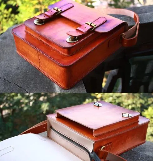 Handmade Vintage Brown Leather Mens School Shoulder Bag Messenger Bag for Men