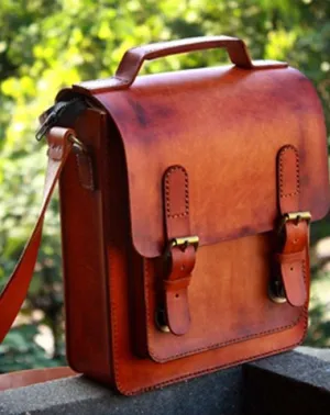 Handmade Vintage Brown Leather Mens School Shoulder Bag Messenger Bag for Men