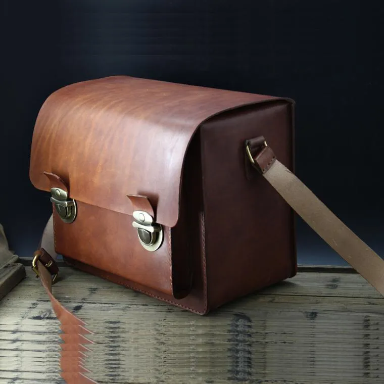 Handmade Vintage Coffee Leather Mens Camera Shoulder Bags Camera Messenger Bag for Men