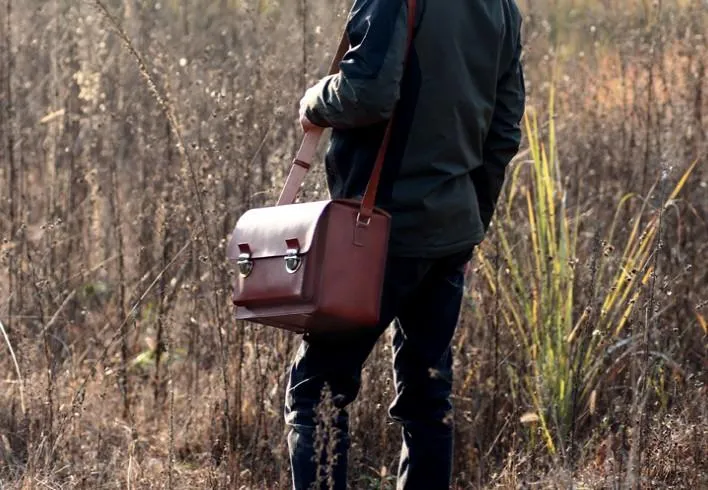 Handmade Vintage Coffee Leather Mens Camera Shoulder Bags Camera Messenger Bag for Men