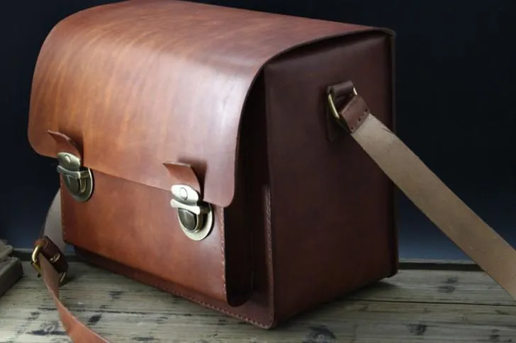 Handmade Vintage Coffee Leather Mens Camera Shoulder Bags Camera Messenger Bag for Men