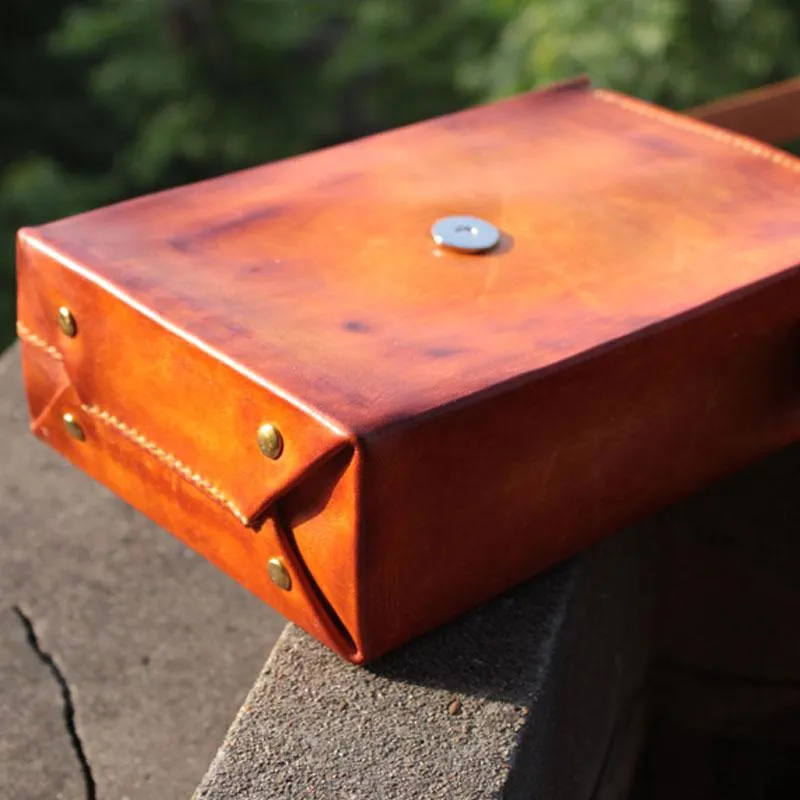 Handmade Vintage Leather Mens Messenger Bag Box Bag Brown Shoulder Bag for Men