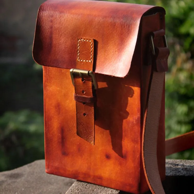 Handmade Vintage Leather Mens Messenger Bag Box Bag Brown Shoulder Bag for Men