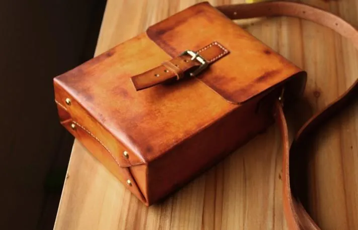 Handmade Vintage Leather Mens Messenger Bag Box Bag Brown Shoulder Bag for Men