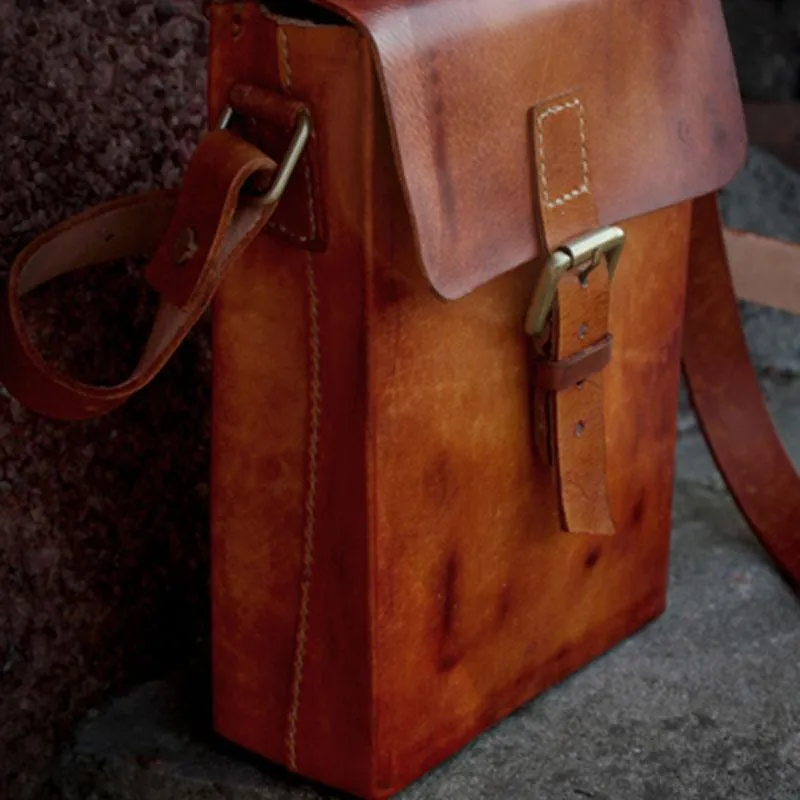 Handmade Vintage Leather Mens Messenger Bag Box Bag Brown Shoulder Bag for Men