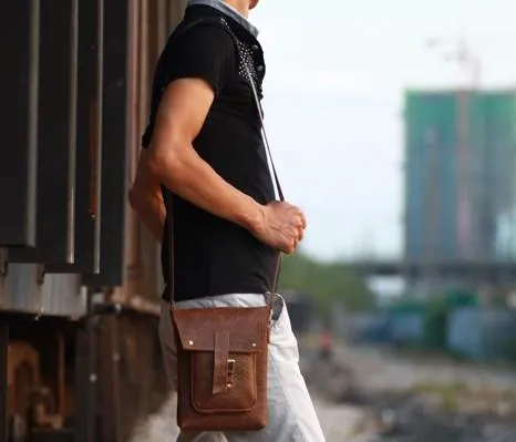 Handmade Vintage Leather Mens Small Messenger Bag Coffee Cell Phone Shoulder Bag for Men