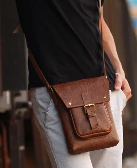 Handmade Vintage Leather Mens Small Messenger Bag Coffee Cell Phone Shoulder Bag for Men