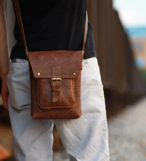 Handmade Vintage Leather Mens Small Messenger Bag Coffee Cell Phone Shoulder Bag for Men