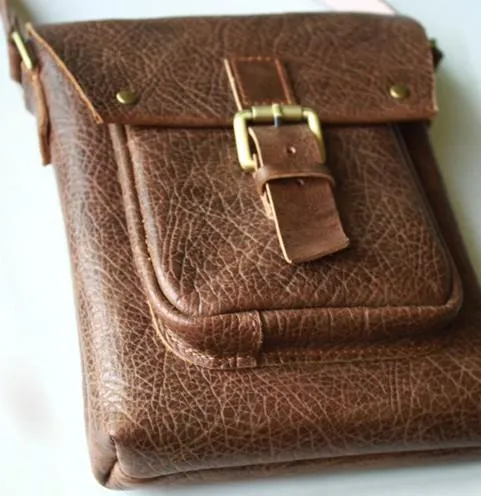 Handmade Vintage Leather Mens Small Messenger Bag Coffee Cell Phone Shoulder Bag for Men