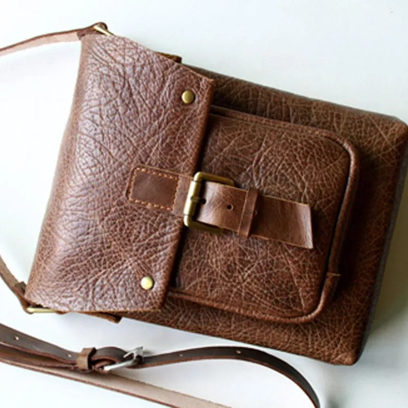 Handmade Vintage Leather Mens Small Messenger Bag Coffee Cell Phone Shoulder Bag for Men