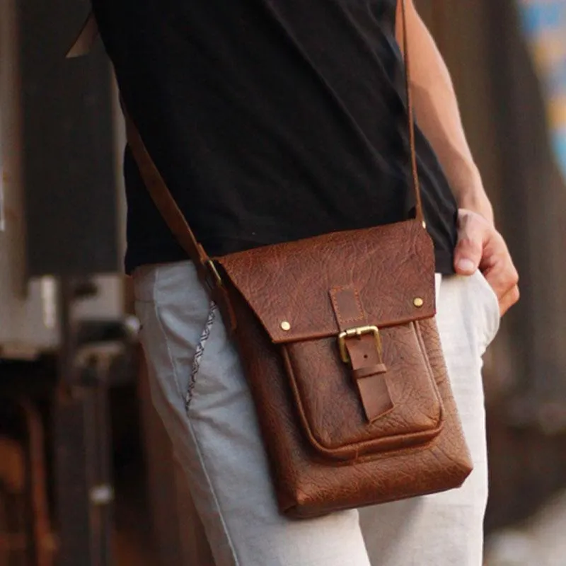 Handmade Vintage Leather Mens Small Messenger Bag Coffee Cell Phone Shoulder Bag for Men