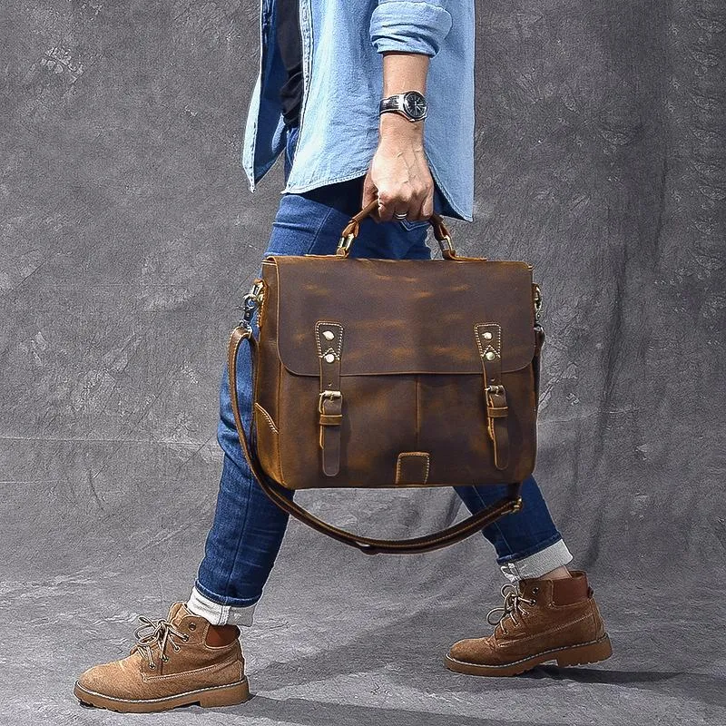 Leather Mens Brown Briefcase 14'' Laptop Bag Messenger Bag Shoulder Bag For Men