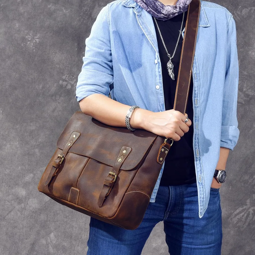 Leather Mens Brown Briefcase 14'' Laptop Bag Messenger Bag Shoulder Bag For Men