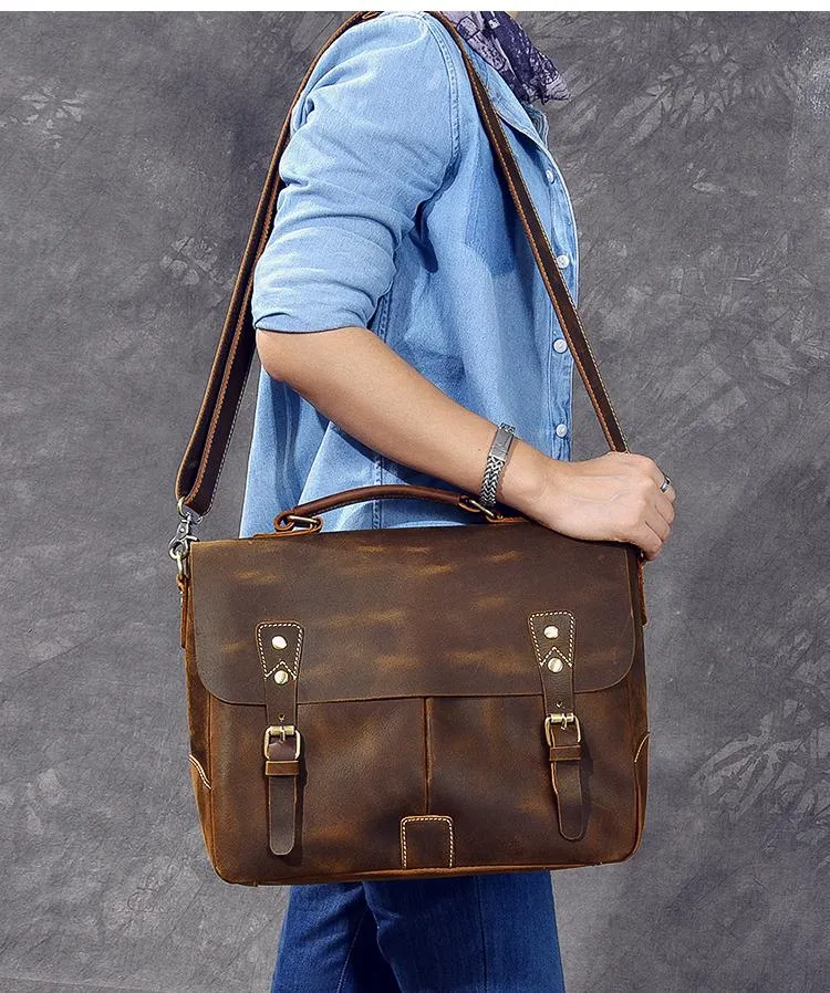 Leather Mens Brown Briefcase 14'' Laptop Bag Messenger Bag Shoulder Bag For Men