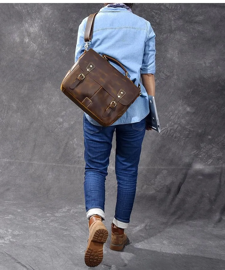 Leather Mens Brown Briefcase 14'' Laptop Bag Messenger Bag Shoulder Bag For Men