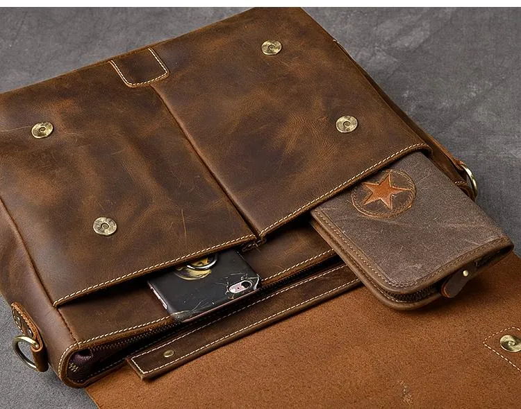 Leather Mens Brown Briefcase 14'' Laptop Bag Messenger Bag Shoulder Bag For Men