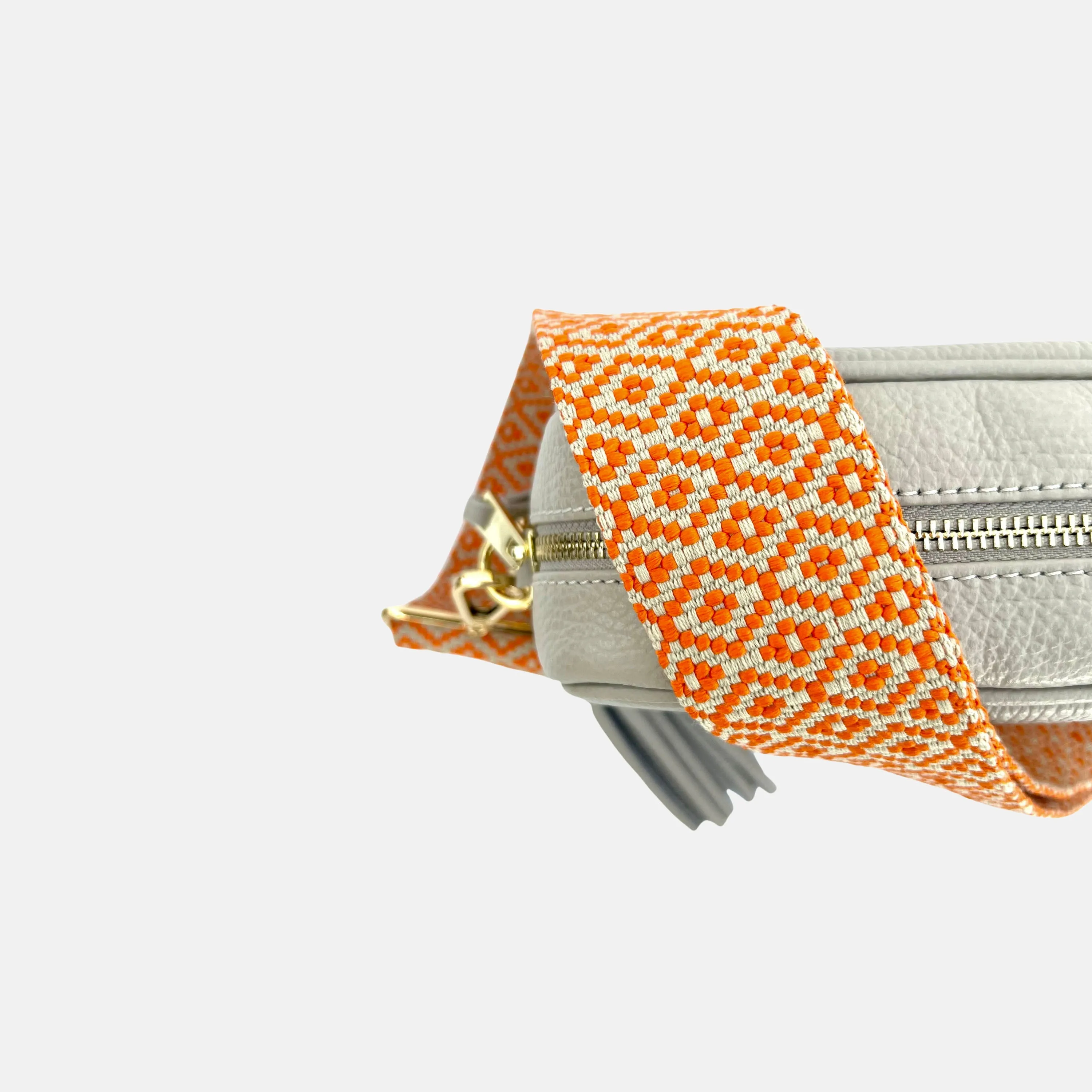 Light Grey Leather Crossbody Bag With Orange Cross-Stitch Strap