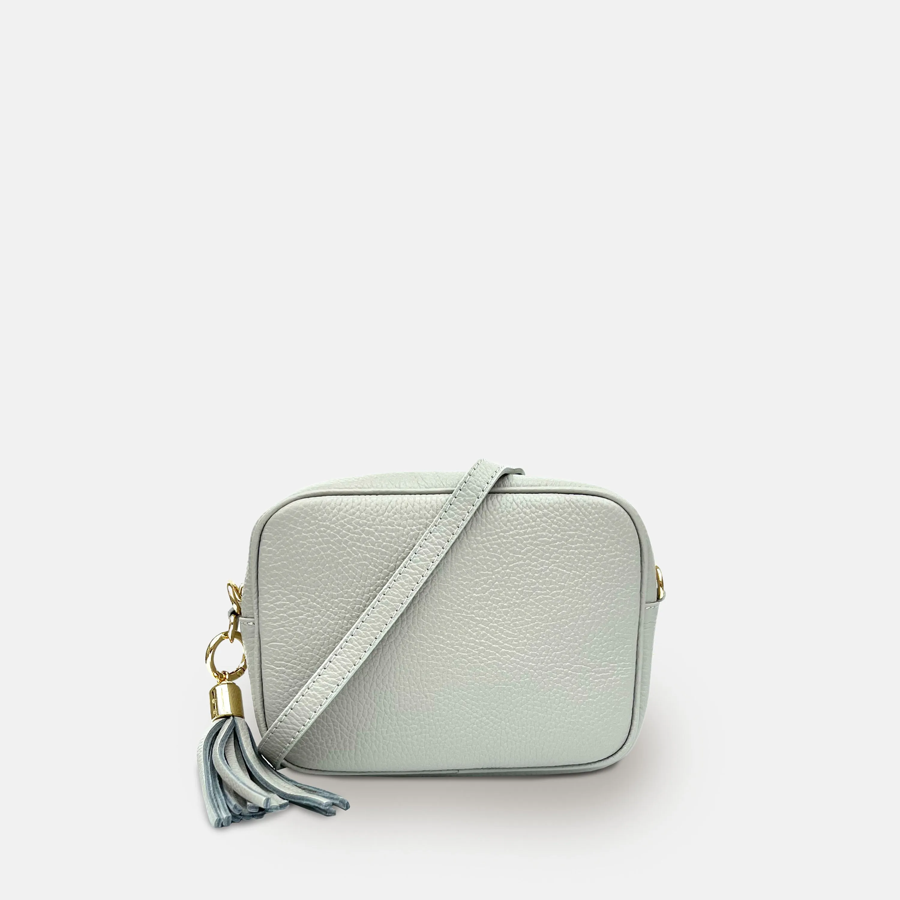 Light Grey Leather Crossbody Bag With Orange Cross-Stitch Strap