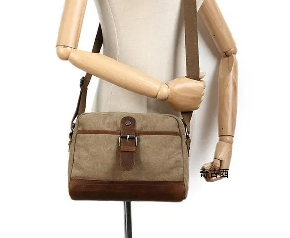 Mens Waxed Canvas Leather Small Courier Bags Canvas Messenger Side Bag for Men