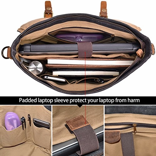 Mens Messenger Bag 15.6 Inch Waterproof Vintage Genuine Leather Waxed Canvas Briefcase Large Satchel Shoulder Bag Rugged Leather Computer Laptop Bag Grey