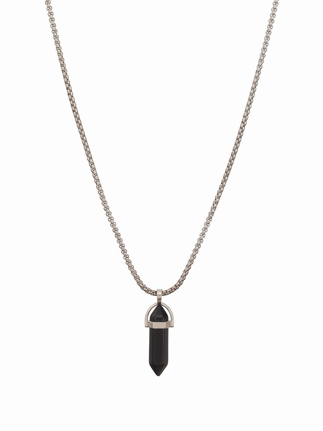 Mens Silver-Toned & Black Silver-Plated Necklace