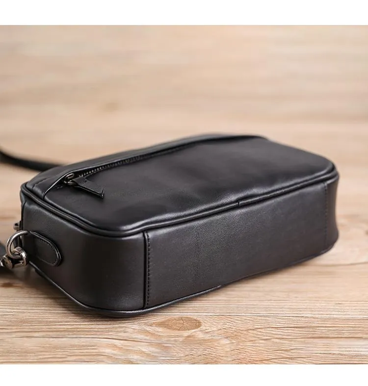 MIni Black Leather MENS Side Bag Black Small Leather Messenger Bag Courier Bag For Men