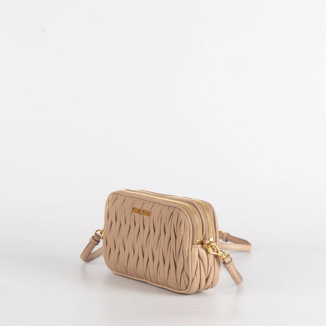 Miu Miu Nude Matelasse Leather Double Zip Crossbody Bag