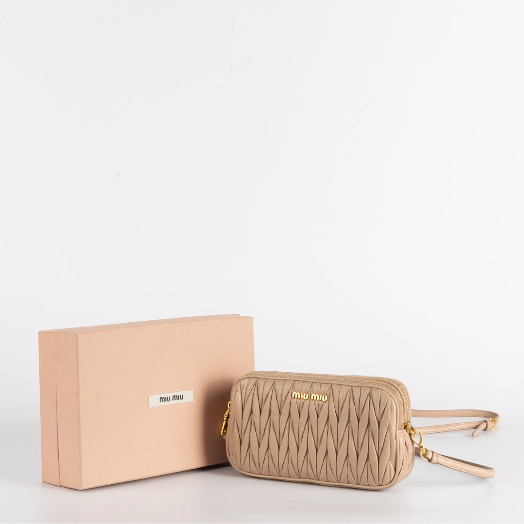 Miu Miu Nude Matelasse Leather Double Zip Crossbody Bag