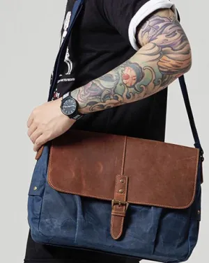 Navy Blue Leather Waxed Canvas Mens Side Bag Messenger Bags Gray Casual Courier Bags for Men