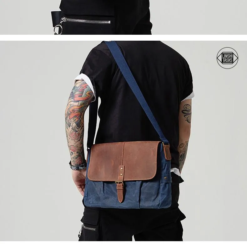 Navy Blue Leather Waxed Canvas Mens Side Bag Messenger Bags Gray Casual Courier Bags for Men