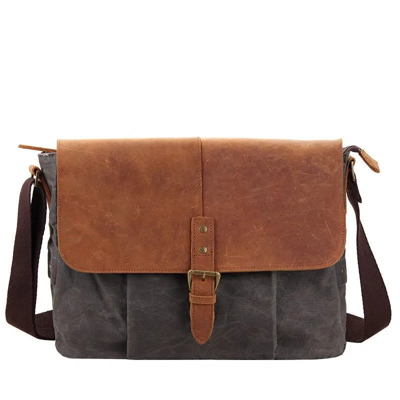 Navy Blue Leather Waxed Canvas Mens Side Bag Messenger Bags Gray Casual Courier Bags for Men