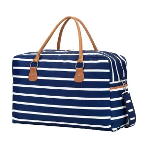Navy White Stripe Travel Weekender Duffle Bag In Striped