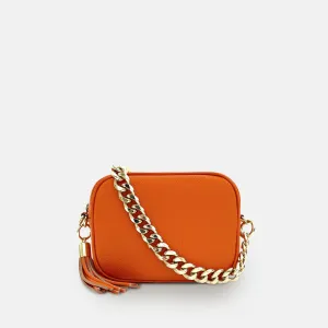 Orange Leather Crossbody Bag With Gold Chain Strap