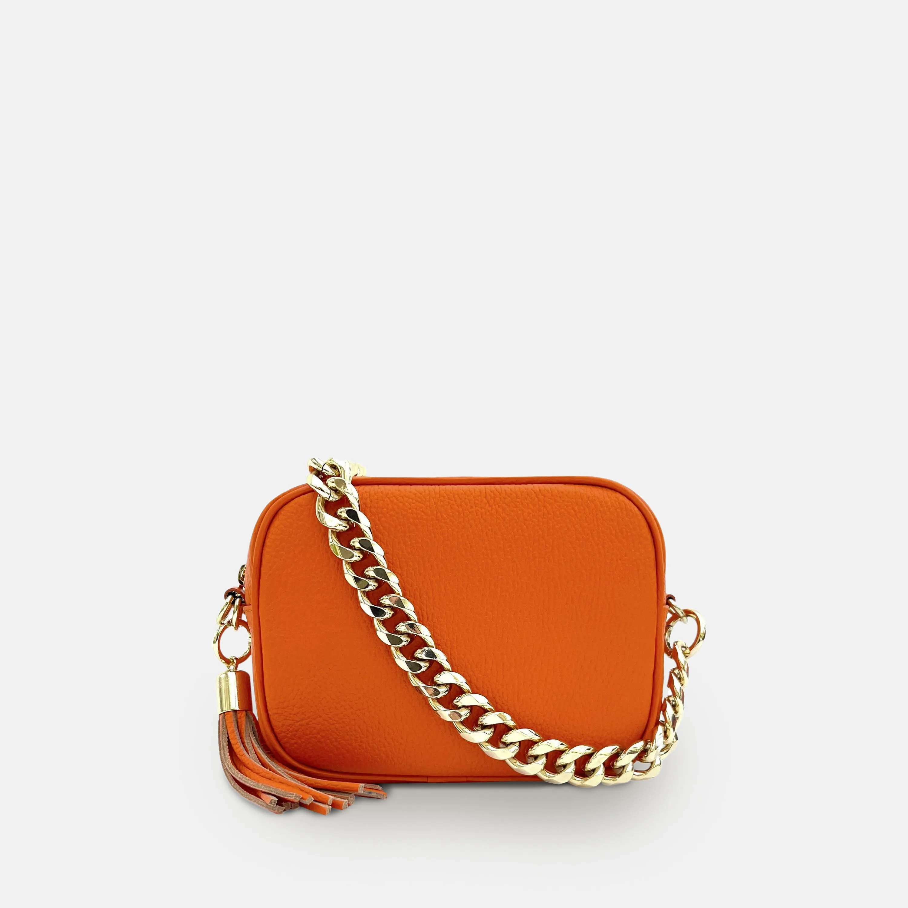 Orange Leather Crossbody Bag With Gold Chain Strap