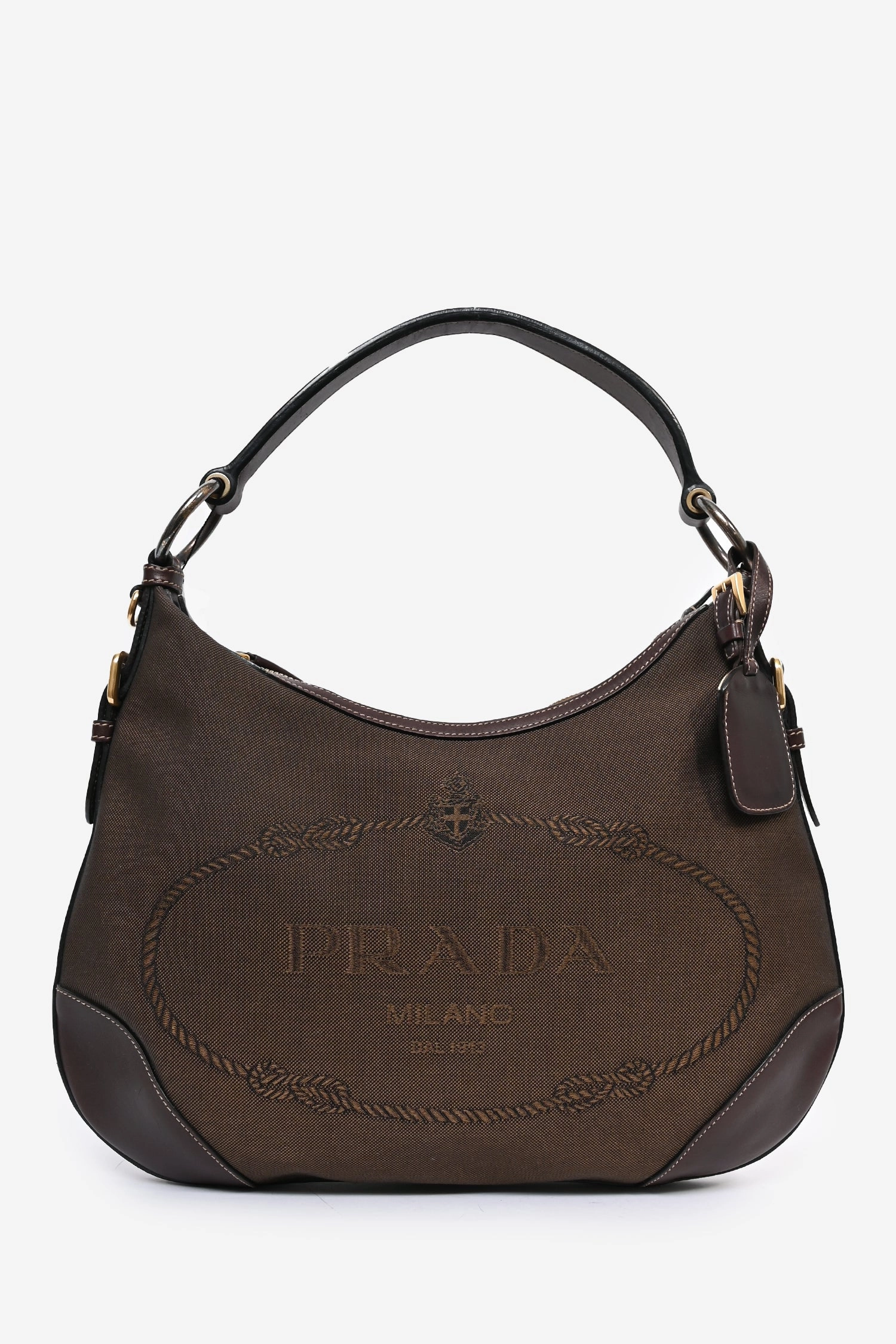 Prada 2000s Brown Canvas/Leather Trimmed 'Canapa' Shoulder Bag