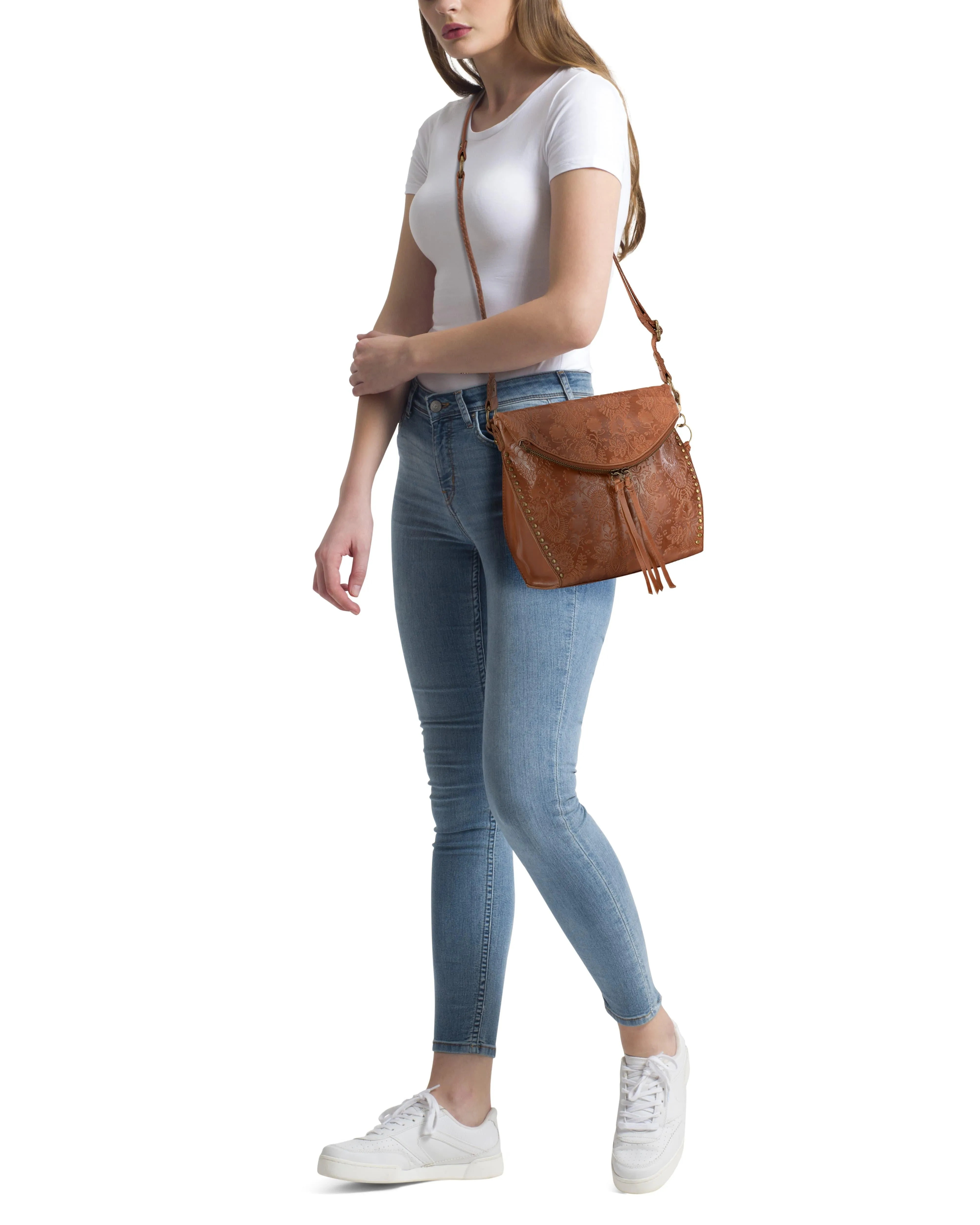 Silverlake Crossbody - Leather - Tobacco Floral Embossed