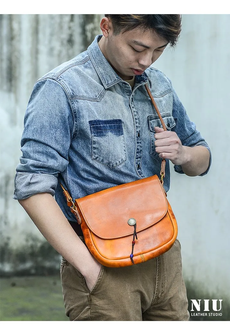 Tan Casual Handmade Mens 8 inches Small Side Bag Messenger Bag Coffee Courier Bag For Men